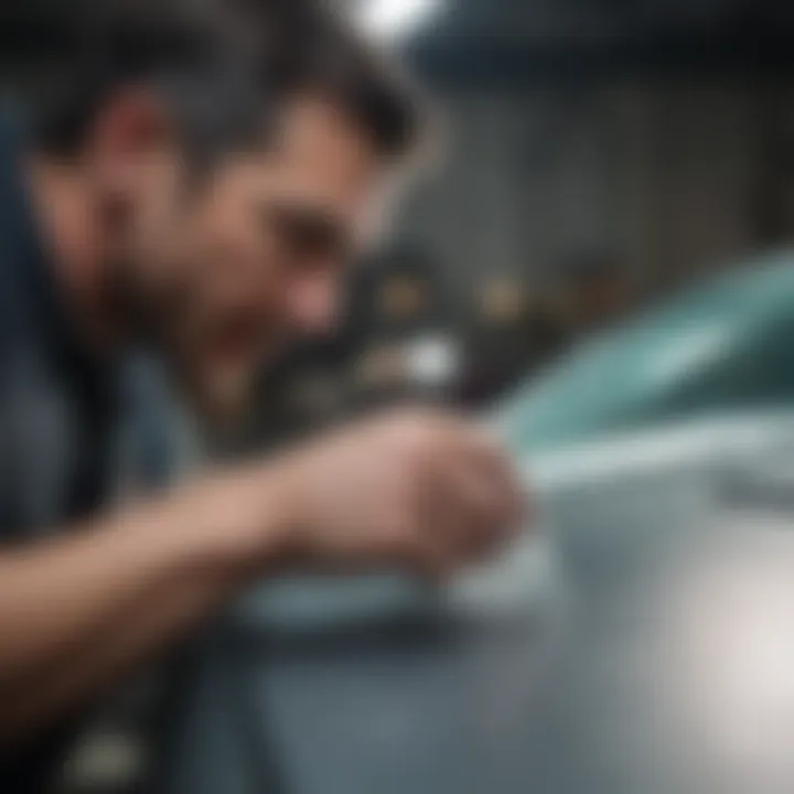 Technician applying repair resin to a windshield chip