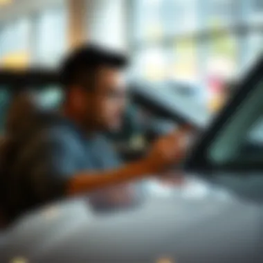 A customer exploring vehicle features at a Kensington dealership