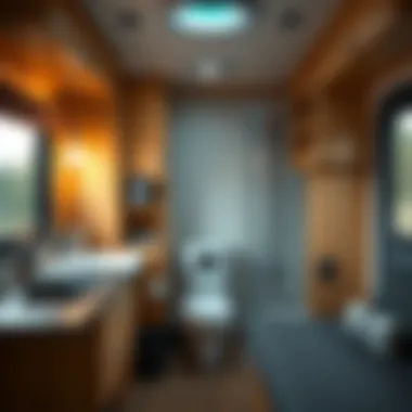 Interior view of a mini camper showcasing its bathroom amenities