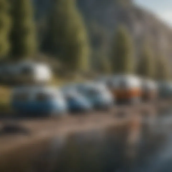 A diverse lineup of frame campers parked in a picturesque setting