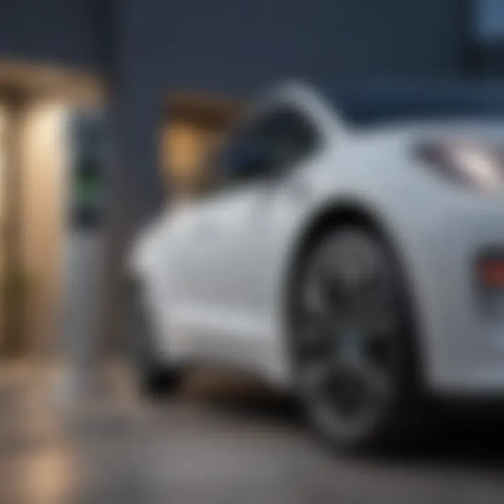 A close-up view of a charging station plugged into an electric car.