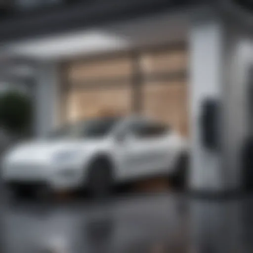 A sleek electric vehicle parked in a modern garage with a charging station.