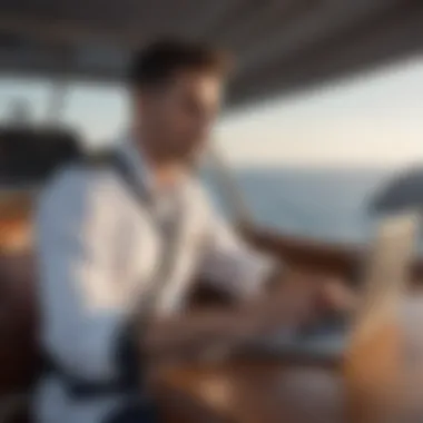 A sailor using a laptop with a strong internet connection on the deck