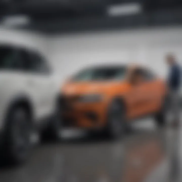 Consumer examining a vehicle at a suburban dealership