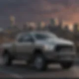 A sleek Ram truck parked against a backdrop of Portland's skyline.