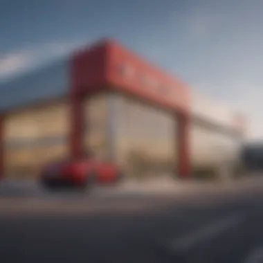 Exterior view of Red Noland Cadillac dealership showcasing the modern architecture and Cadillac signage