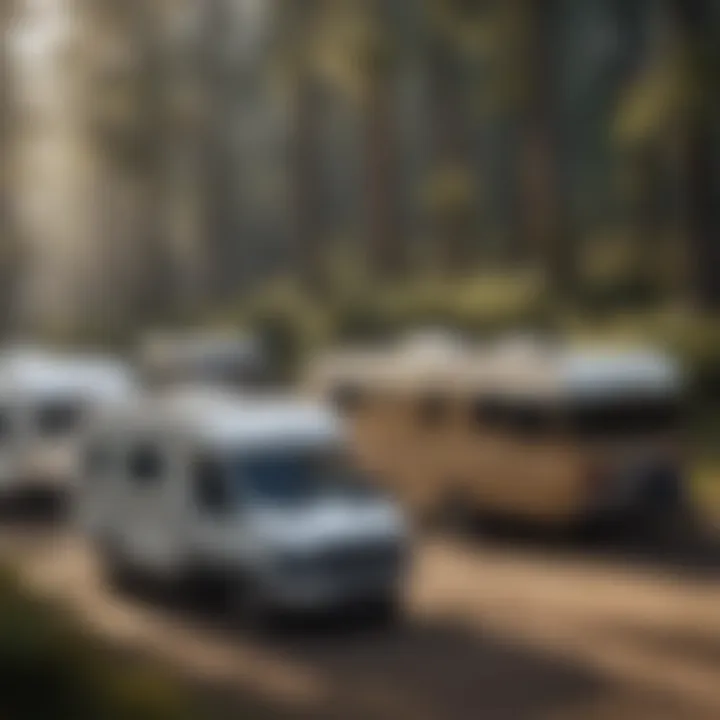 Different models of tagalong campers displayed side by side for comparison