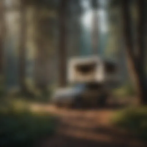 A beautifully designed tagalong camper parked in a scenic location