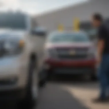 A buyer inspecting a used Tahoe at a dealership in Tulsa