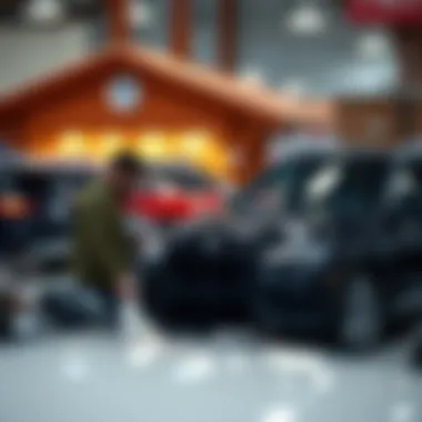 An individual examining a vehicle in a traditional car lot.