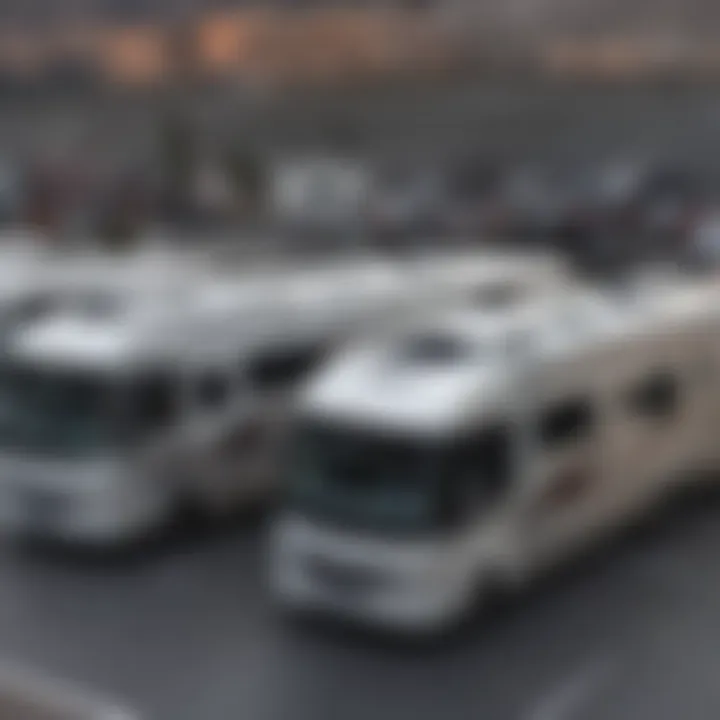 Diverse range of motor homes lined up at an RV show