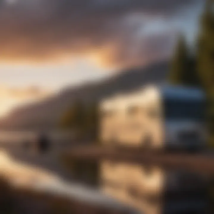 A scenic view of a motor home parked beside a lake during sunset