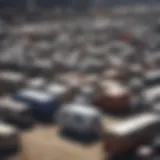 A panoramic view of a trailer junkyard showcasing various trailer types