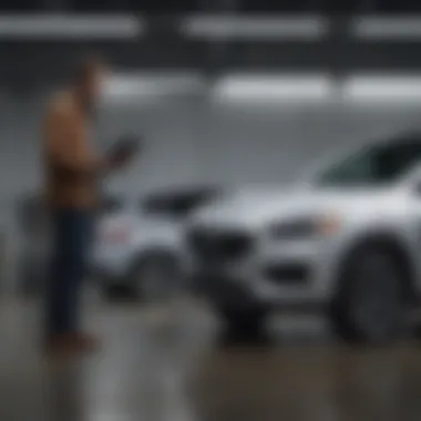 A buyer inspecting a used Hyundai vehicle at a dealership