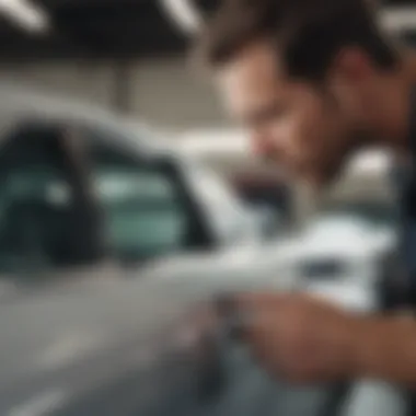 Close-up of a buyer inspecting a used car