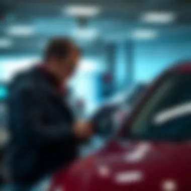 A person examining a used car with a checklist