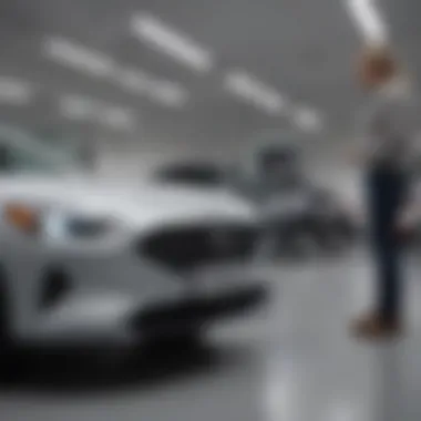 A customer examining a new Hyundai vehicle inside the showroom