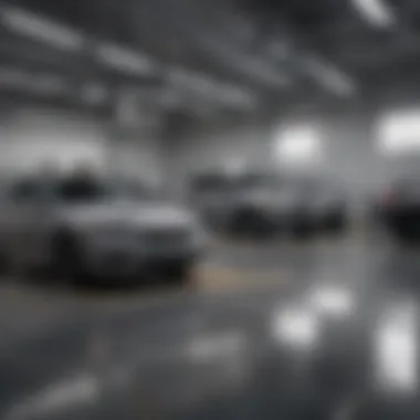 Service center with technicians working on vehicles