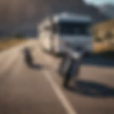 An RV towing a motorcycle trailer on a scenic road