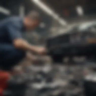 Mechanic examining car parts in a U Pull It facility