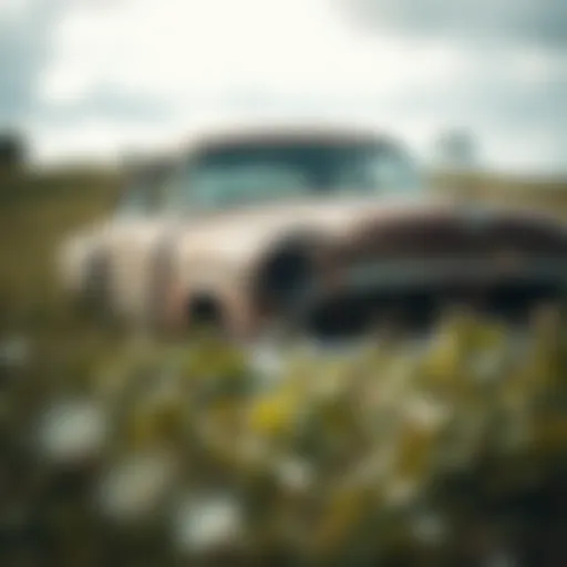 A detailed view of a rusting junk car in an overgrown field.