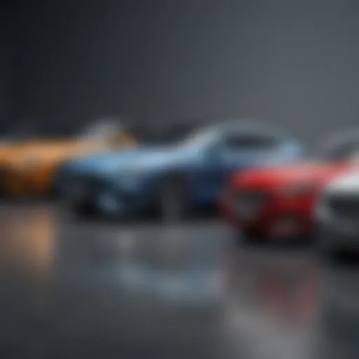 A diverse lineup of new cars showcasing promotional banners