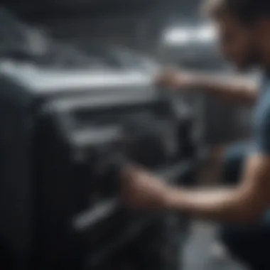 An individual installing a new radiator in a vehicle with tools