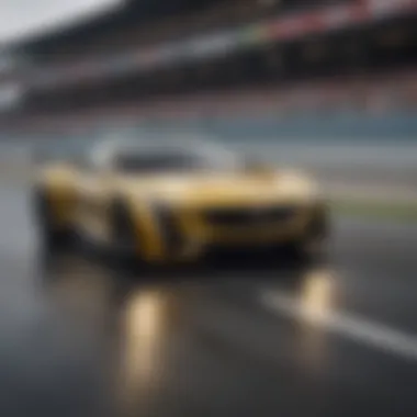 A dynamic shot of a Cadillac sports car in motion on a racetrack.